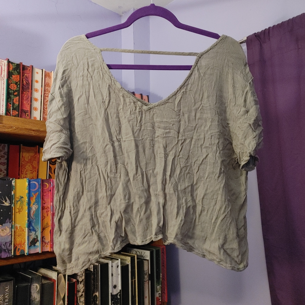 Sage Green Relaxed V-Neck Top with Back Strap Detail - XL